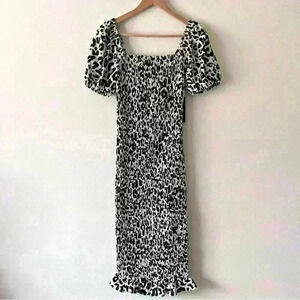 New Lulu's M Womens Steal the Stage White Leopard Smocked Bodycon Midi Dress